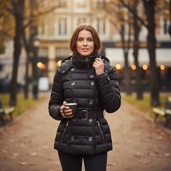 Burberry Brit Black Down Puffer Coat with Iconic Plaid Trim – Size L - Picture 2 of 13